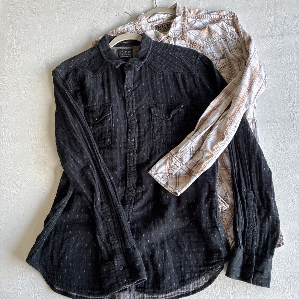 2 Shirt Lot Pearl Snap L Slim Fit BKE Lucky Brand Long Sleeve Cowboy High Noon